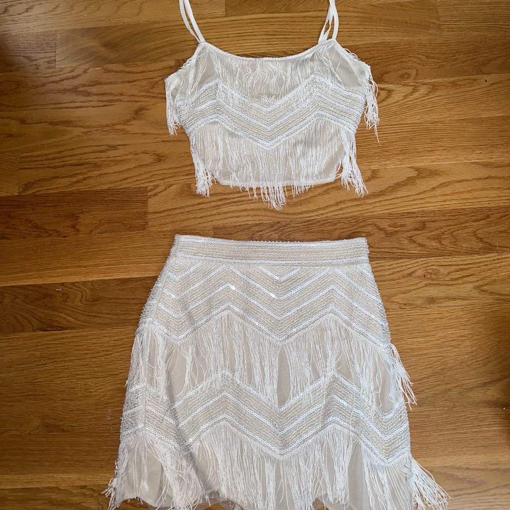 Soiree of the Decade White Sequin Fringe Two-Piece Mini Dress Lulus - Size M
